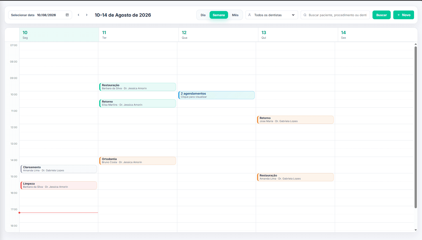 Agenda semanal da LinaOdonto com compromissos de diferentes profissionais