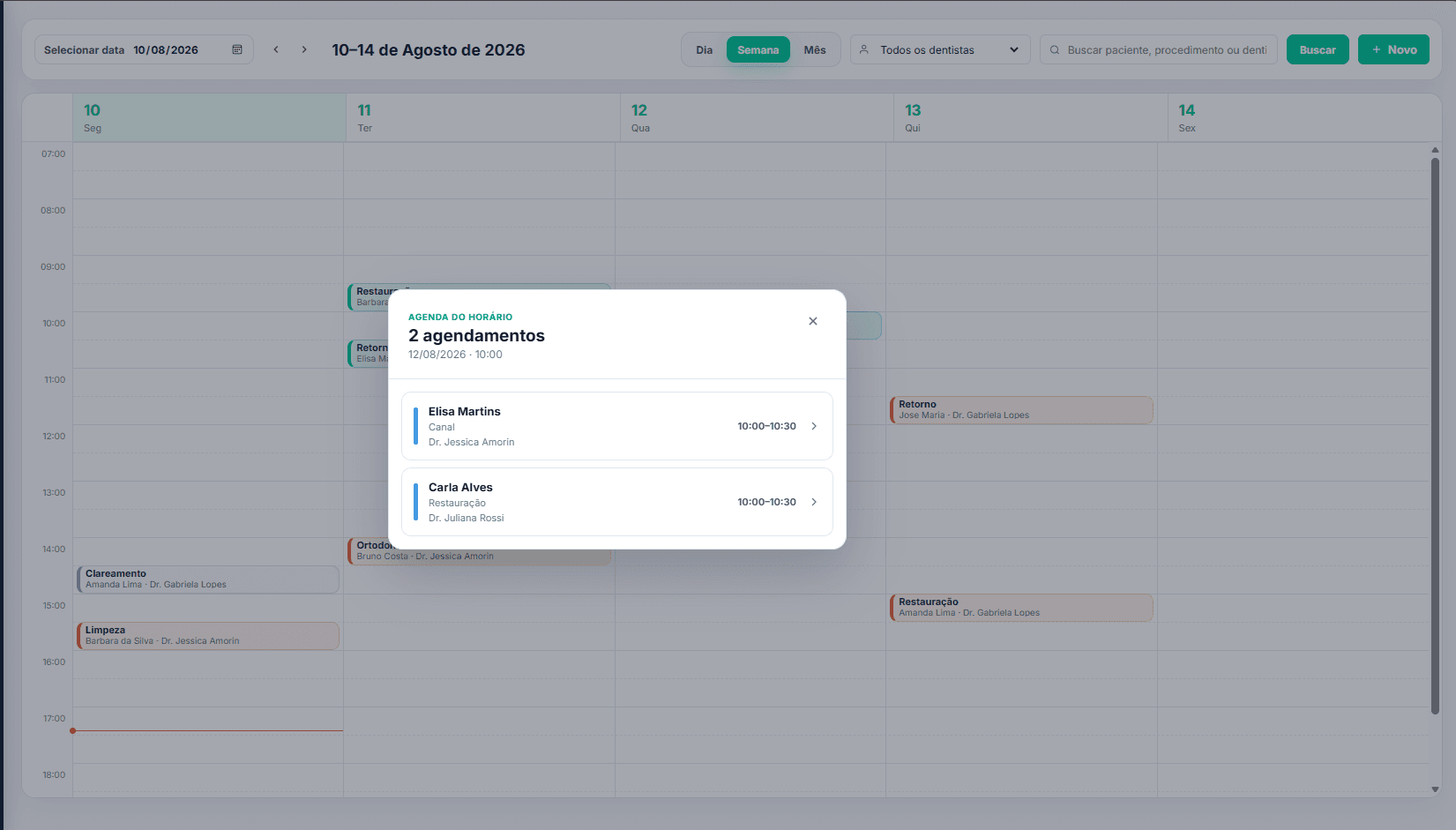 Detalhe de dois agendamentos simultâneos na LinaOdonto